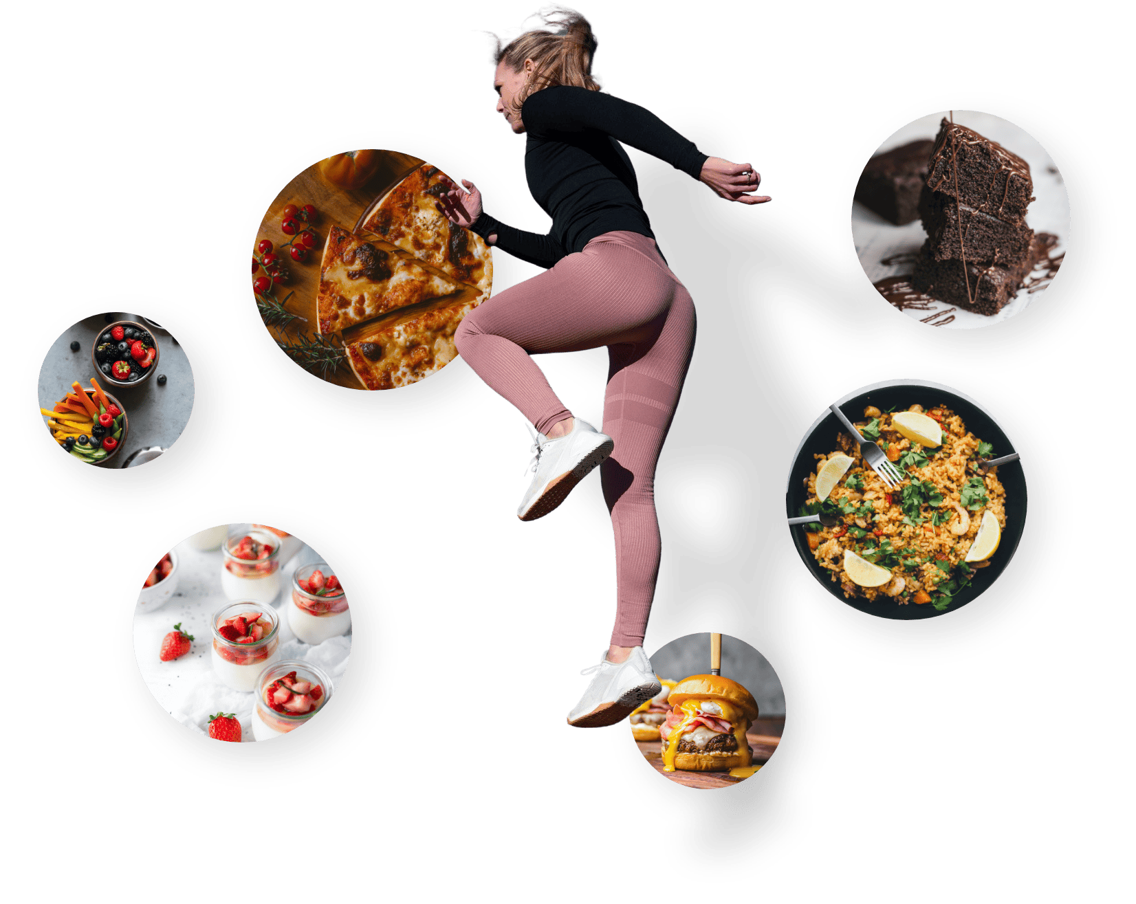 Coach Emelie is jumping. A variety of meal recipes surrounds her.